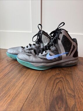 Nike Gray & Teal Blue High-Top Basketball Shoes with Blue Swoosh